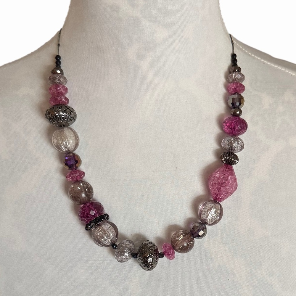 Artisan Style Pink Chunky Bead Necklace | Silver Tone | Statement | Boho